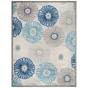 Cabana Gray/Blue 8 ft. x 10 ft. Border Floral Indoor/Outdoor Patio  Area Rug