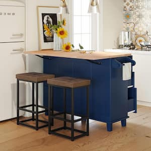 Blue Rubber Wood 50.3 in. W Kitchen Island with Drop-Leaf, 2 Dining Stools, 4-Drawer, 2-Door Cabinet and Towel Holder