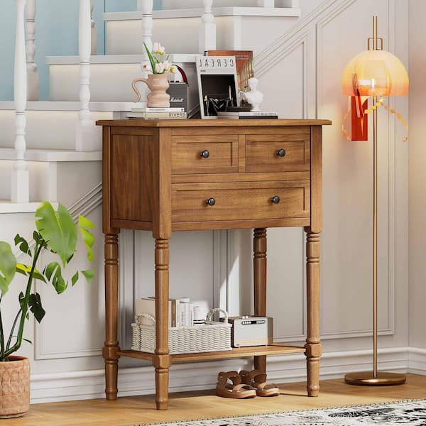 23.7 in. Natural Rectangle Wood Console Table with 3-Storage Drawers and Bottom Shelf
