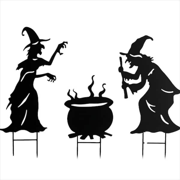 3-Pack Witch Silhouette Halloween Stakes with Cauldron for Spooky and Garden Decorations