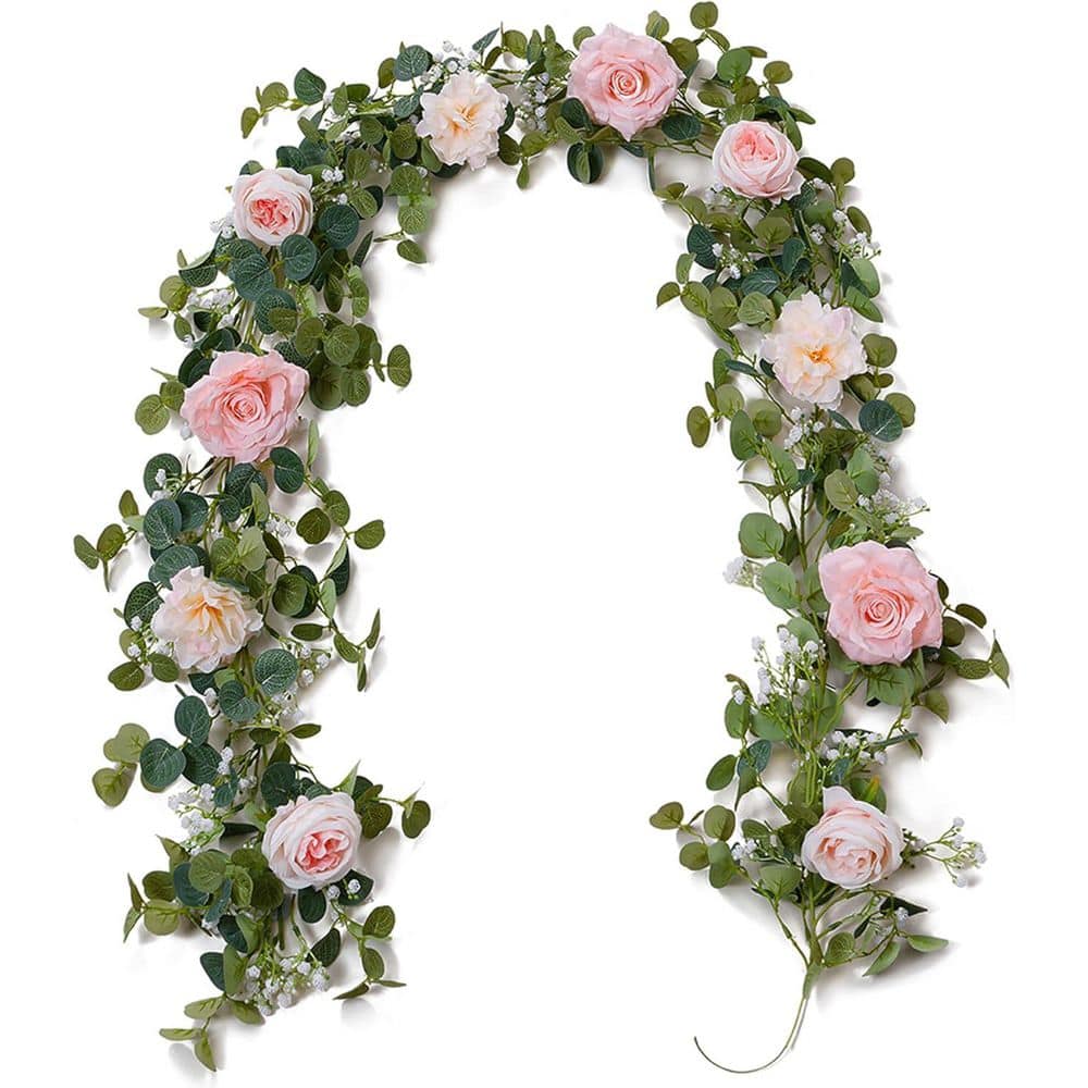 5.91 ft. Pink Artificial Eucalyptus Garland with Flowers
