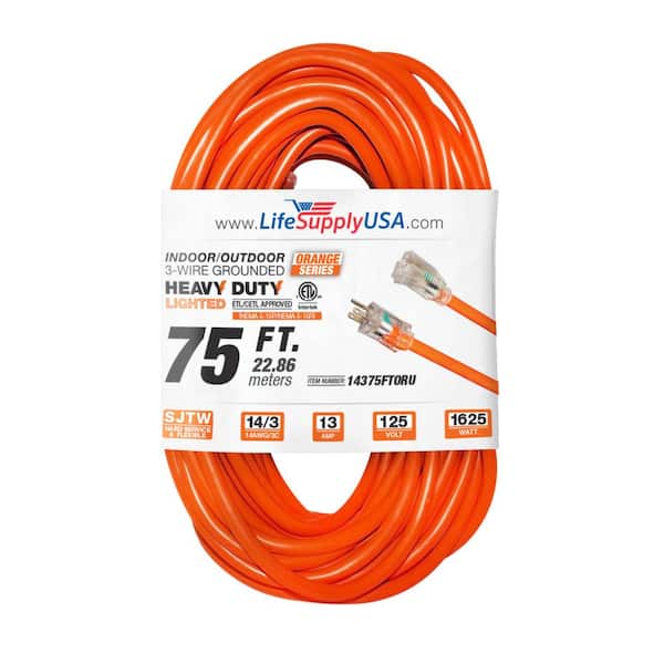 LifeSupplyUSA 75 ft. 14-Gauge/3 Conductors SJTW 13 Amp Indoor/Outdoor Extension Cord with Lighted End Orange (1-Pack)