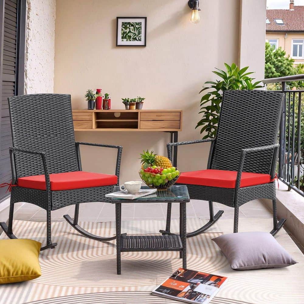 3-Pieces Brown High Back Plastic Outdoor Rocking Chair with Red Cushion price history on PriceWatchPro