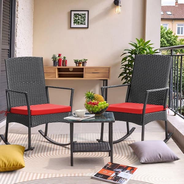 Tozey 3-Pieces Brown High Back Plastic Outdoor Rocking Chair with Red Cushion