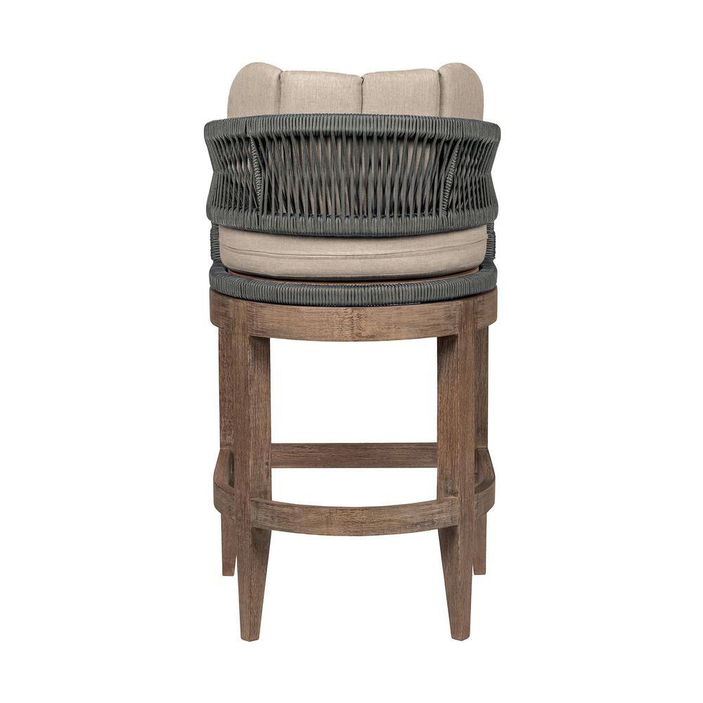 Orbit 30" Eucalyptus Wood Bar Stool with Taupe Cushions and Gray Rope