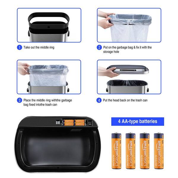 Unbranded - 13 Gal. Black Silver Touchless Automatic Metal Trash Can with Full Intelligent Sensor, Hands-Free and Quiet Operation