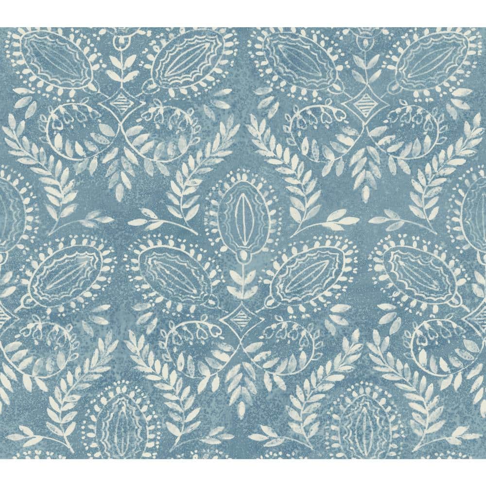 Blue Damask Nonwoven Wallpaper with Watercolor Laurel Pattern
