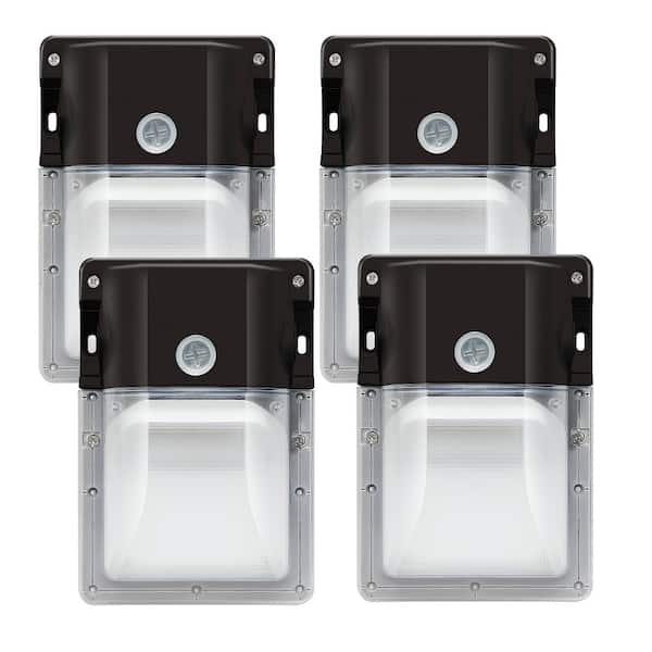 RUN BISON 4-Pack 100- Watt Equivalent Bronze Integrated LED Mini Wall Pack Light, 3080 Lumens With Dusk To Dawn Photocell, 5000K