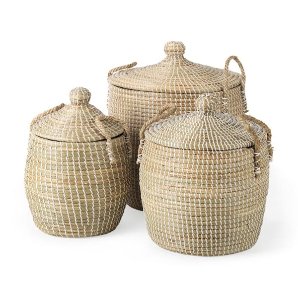 Mercana Olivia 15.7 in. L x 15.7 in. W x 17.3 in. H Set of 3 Beige Seagrass Basket with Lid and Handles