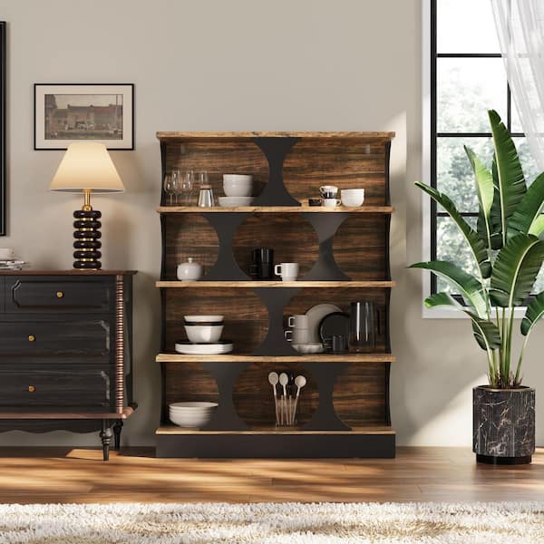 FUFU&GAGA Dark Walnut Wood 43.3 in. Buffet and Sideboard Cabinet with Geometric Open Shelves for Dishware and Beverage Storage