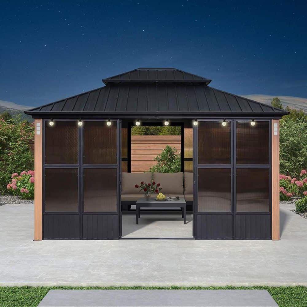 PURPLE LEAF 12ft. x 14ft. Sunroom Hardtop Gazebo with Wood Grain