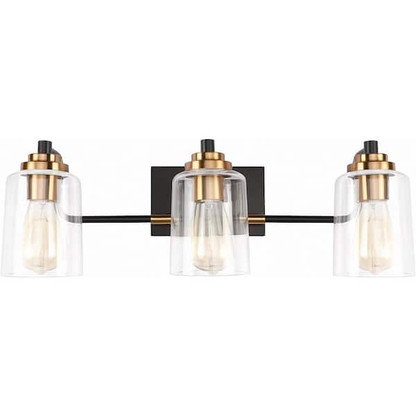 YANSUN 24 in. 3-Light Black Vanity Light with Nickel Cylinder Glass Shades for Bathroom, Mirror, Vanity Area