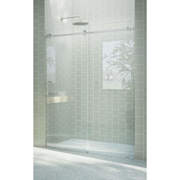 Astro 64 in. W x 78 in. H Sliding Frameless Shower Door with Square Hardware in Brushed Nickel with Clear Glass