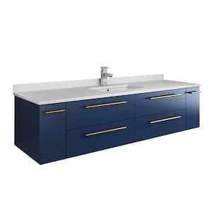 Lucera 60 in. W Wall Hung Bath Vanity in Royal Blue with Quartz Stone Vanity Top in White with White Basin