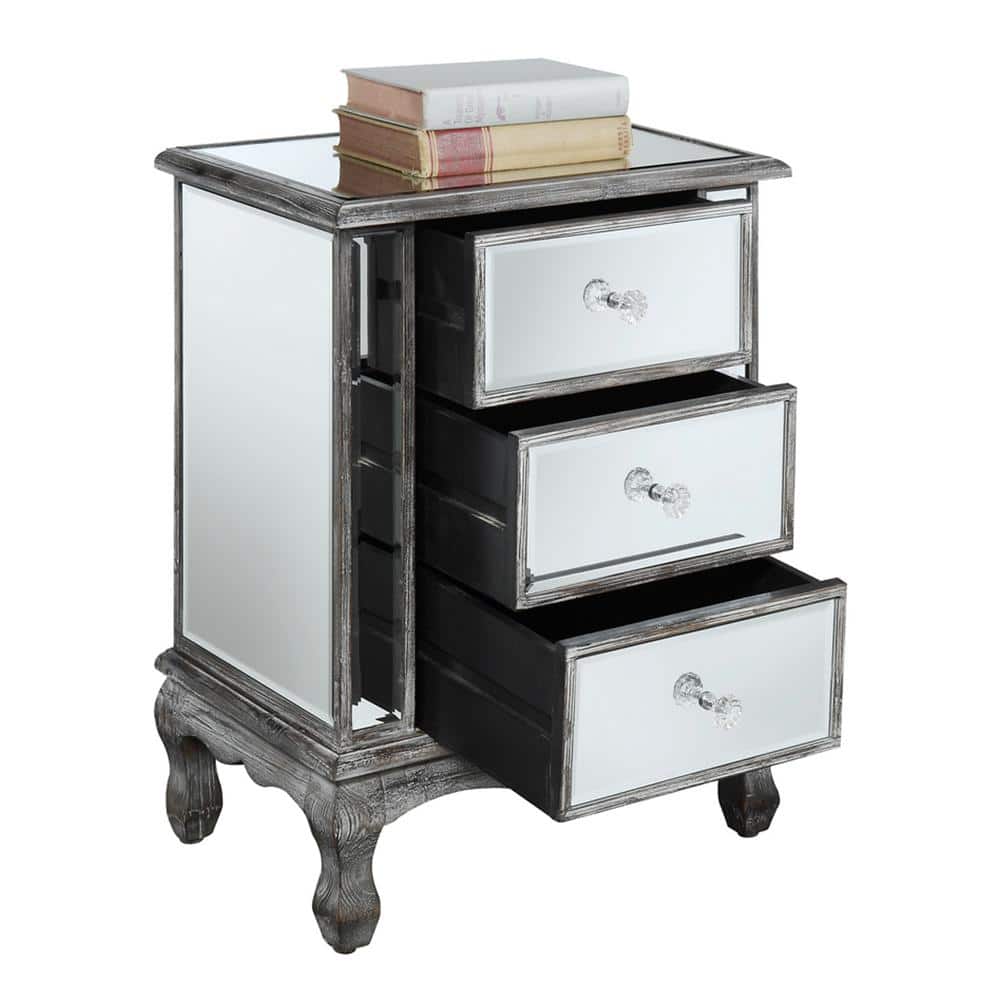 Weathered Gray Mirrored 3-Drawer End Table with Storage