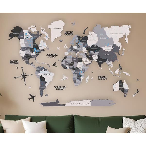 HomeRoots 79 in. x 47 in. Black, Grey, White and Wood World Map Hanging Dimensional Wall Art 1-Piece