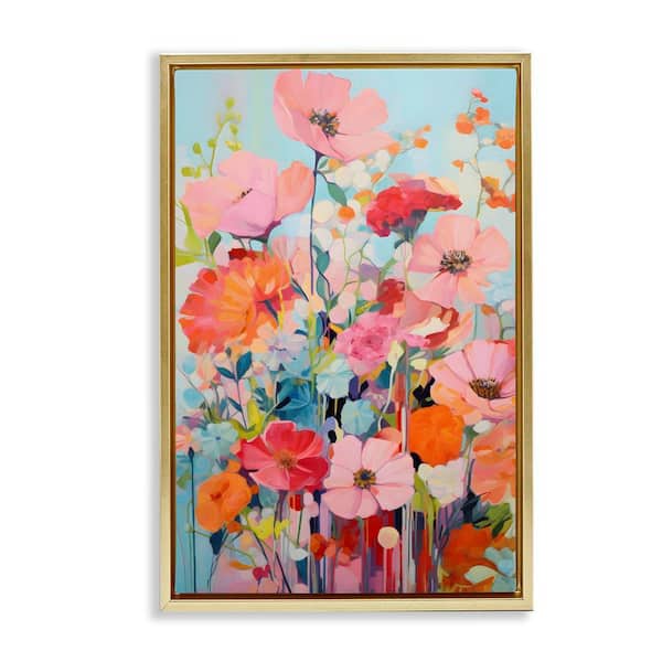Stupell Industries Abstract Flowers on Blue by LSR Design Studio Gold Floater Frame Nature Graphic Art Print 25 in. x 17 in.