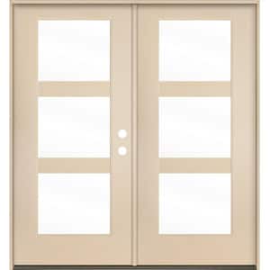 BRIGHTON Modern 72 in. x 80 in. 3-Lite Left-Inswing Clear Glass Unfinished Double Fiberglass Prehung Front Door