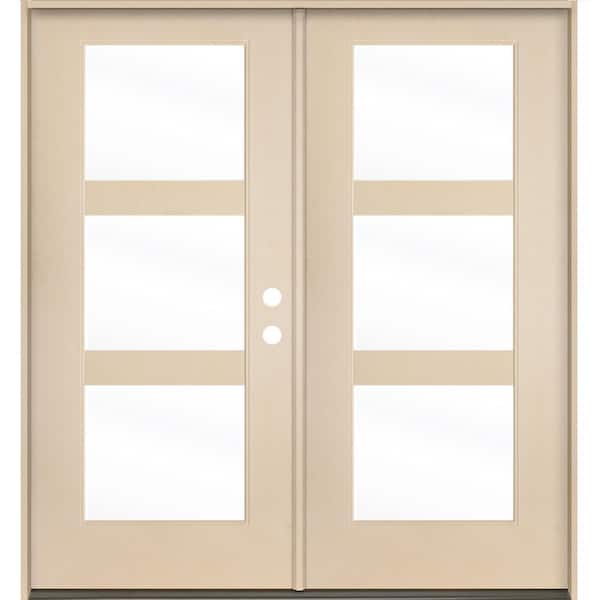 Krosswood Doors BRIGHTON Modern 72 in. x 80 in. 3-Lite Left-Inswing Clear Glass Unfinished Double Fiberglass Prehung Front Door