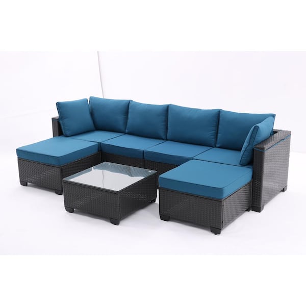 Sudzendf Dark Coffee 7-Piece Metal Outdoor Patio Conversation Set with Peacock Blue Cushions, Ottomans and Glass Top Table