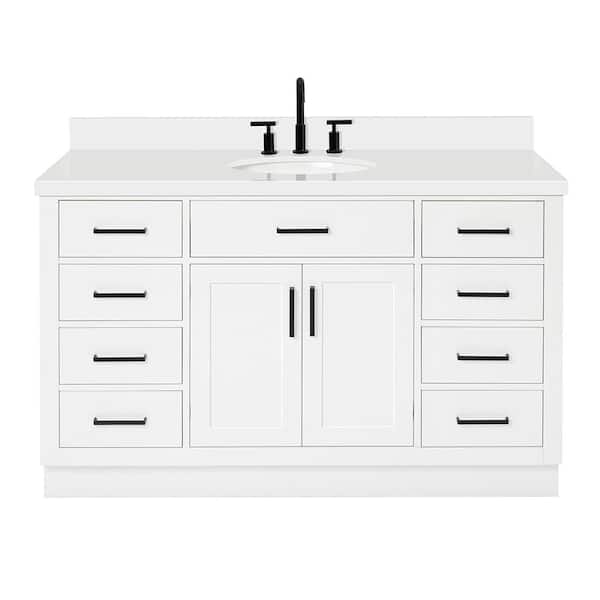 Hepburn 55 in. W x 22 in. D x 36 in. H Bath Vanity in White with White Pure Quartz Vanity Top with White Basin