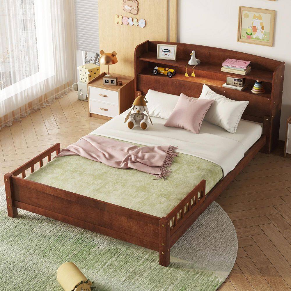 Walnut Brown Wood Frame Full Platform Bed with Bookcase Headboard and Guardrails