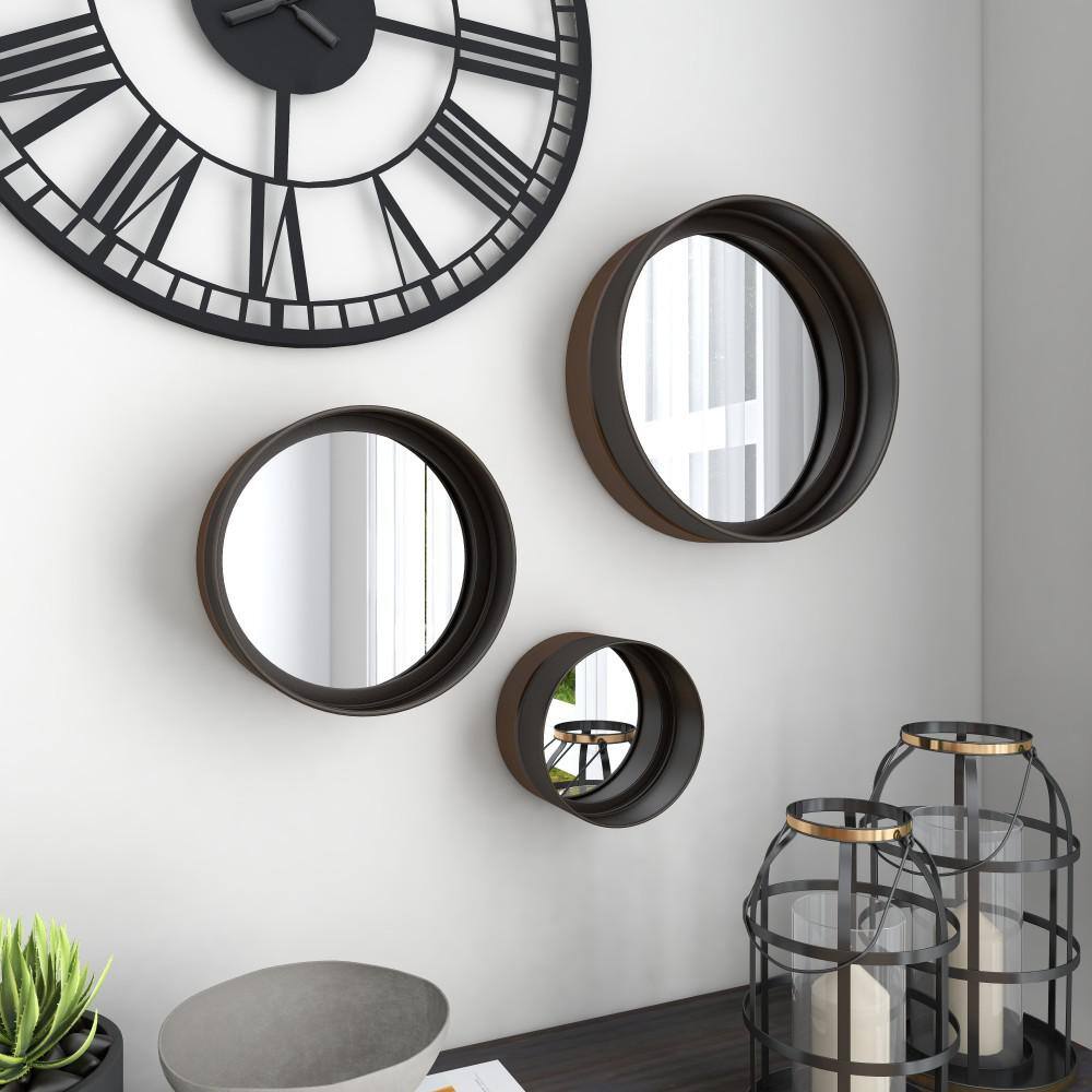 Set of 3 Round Bronze and Wood Wall Mirrors