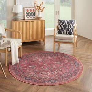 Machine Washable Series 1 Brick 5 ft. x 5 ft. Bordered Traditional Round Area Rug