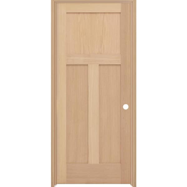 Steves & Sons 24 in. x 80 in. 3-Panel Mission Left-Hand Solid Unfinished Red Oak Wood Prehung Interior Door w/ Nickel Hinges