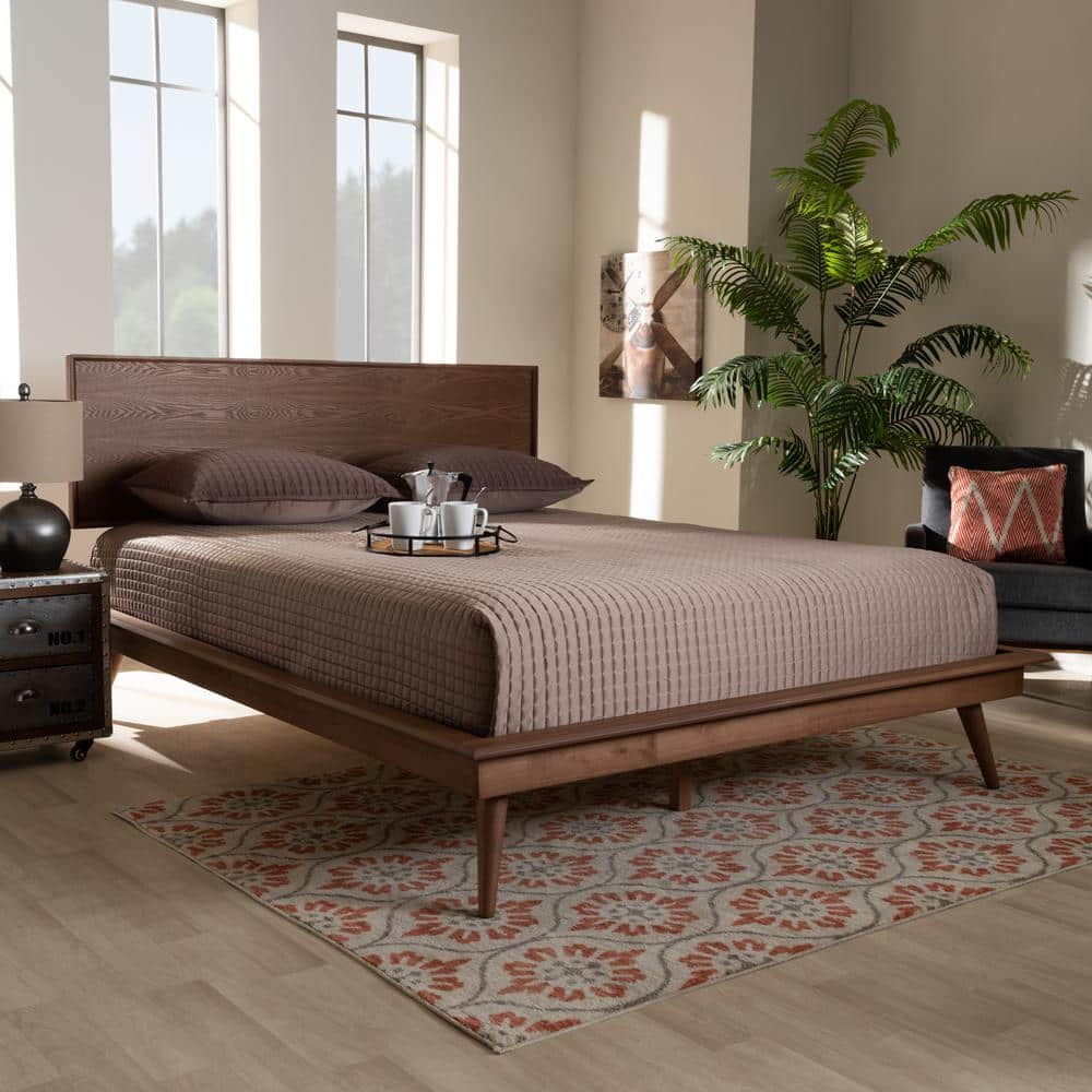 Mid-Century Modern Walnut Brown Queen Bed with Wood Slats