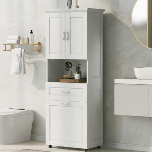 Modern 25 in. W x 16 in. D x 70 in. H White Freestanding Linen Cabinet, Tall Storage Cabinet with Laundry Basket