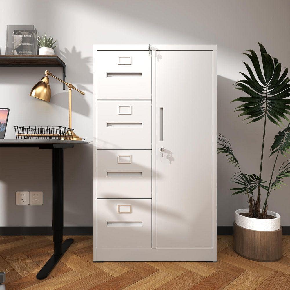 4-Tier Metal Storage Cabinet Locker in White with 4-Drawer and 1 Door