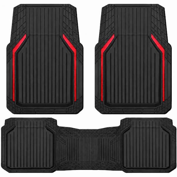 Heavy Duty All Weather Universal Trim Rubber Car Floor Mat Cargo Mat Waterproof Deep Dish Design 3 Piece Black Red