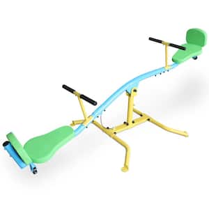 360° Steel Rotating Seesaw for Kids-Double Person Outdoor Playground Rocking Toy with Backrests, Safety Handles