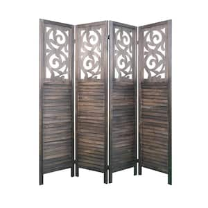 Rustic Brown Wood 4- Panel 6 ft. Carved Room Divider Partition Folding Privacy Screen Panel for Indoor/Outdoor