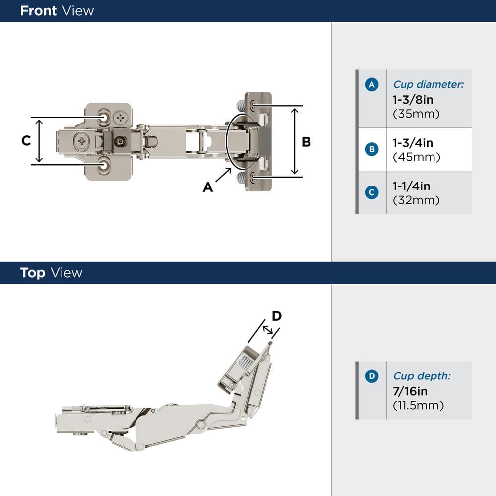 Nickel Full Overlay Frameless 165 Degree Soft Close Cabinet Hinge