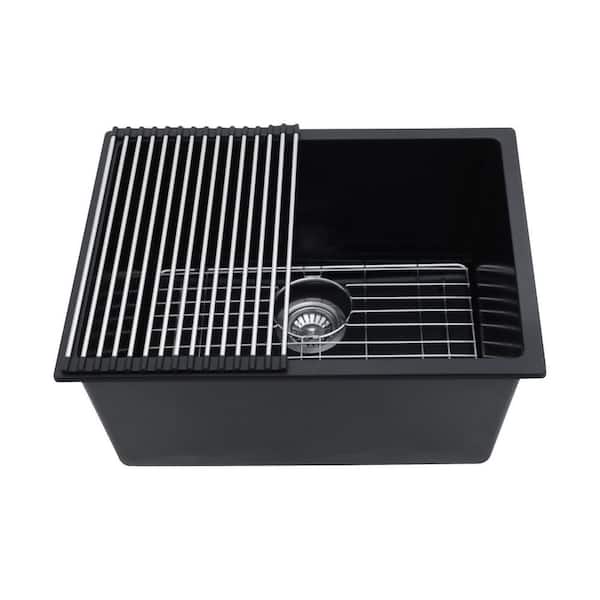 24 in. Undermount Single Bowl Black Quartz Kitchen Sink with Bottom Grids