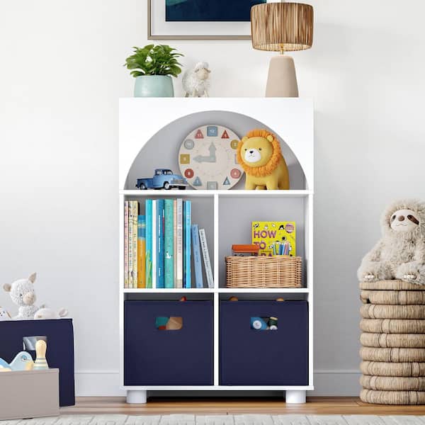 Kids Curve Appeal 23 in. Wide 4 Cubby Bookcase with 2-Piece Navy Bins
