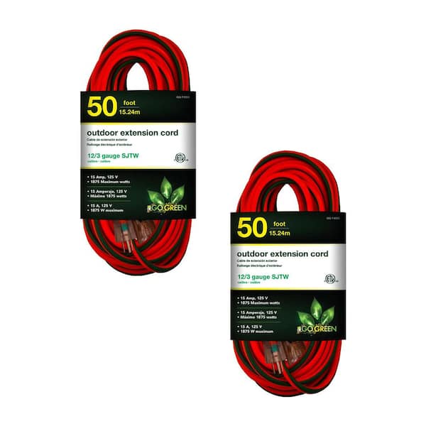 GoGreen Power 50 ft. 12/3 SJTW Outdoor Extension Cord - Orange w/Green Lighted End - (2-Pack)