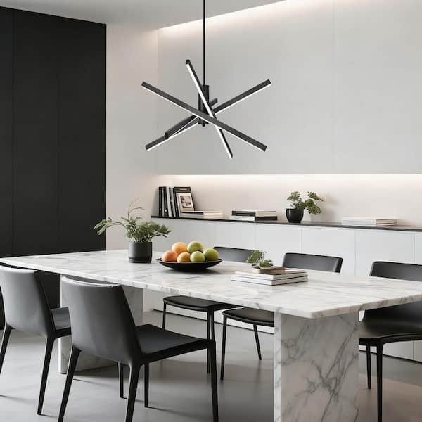 Lume Modern Linear Chandelier 4 Light Integrated LED in Black Sputnik Industrial Cylinder Pendant for Dining Room