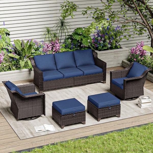 5-Piece Wicker Outdoor Patio Sectional Sofa Set with Blue Cushions and Swivel Rocking Chairs