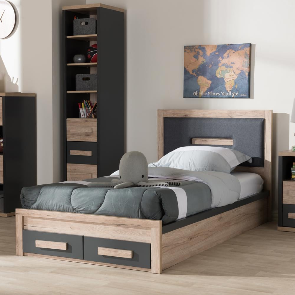 Twin Dark Gray and Light Brown Upholstered Storage Bed with Drawers