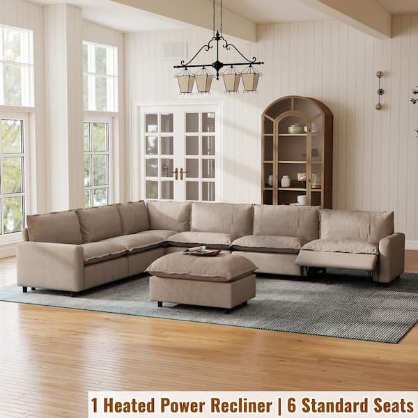 Power Recliner Couch, 107 in. Square Arm 7-Piece Linen Modular Motion Sectional Sofa with Heating, USB Ports in Khaki