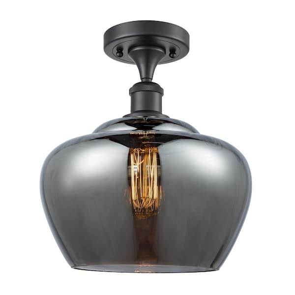 Fenton 11 in. 1-Light Matte Black Industrial Semi-Flush Mount with Smoked Glass Shade