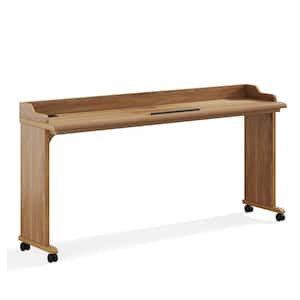 Cassey 70.8 in. Rectangular Maple Brown Wood Writing Desk Overbed Table with Wheels and Adjustable Drafting Table