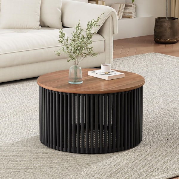 Cade 30 in. Natural and Black Round MDF Plus Solid Wood Coffee Table
