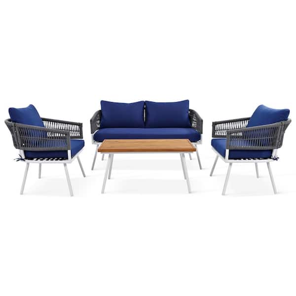 WELLFOR 4-Piece Metal Boho Rope Patio Conversation Set with Navy Cushions and Acacia Wood Table