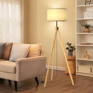 60 in. Wood Tripod Matte Modern 1-Light Standard Floor Lamp with Foot Touch for Living Room Bedroom Study Room