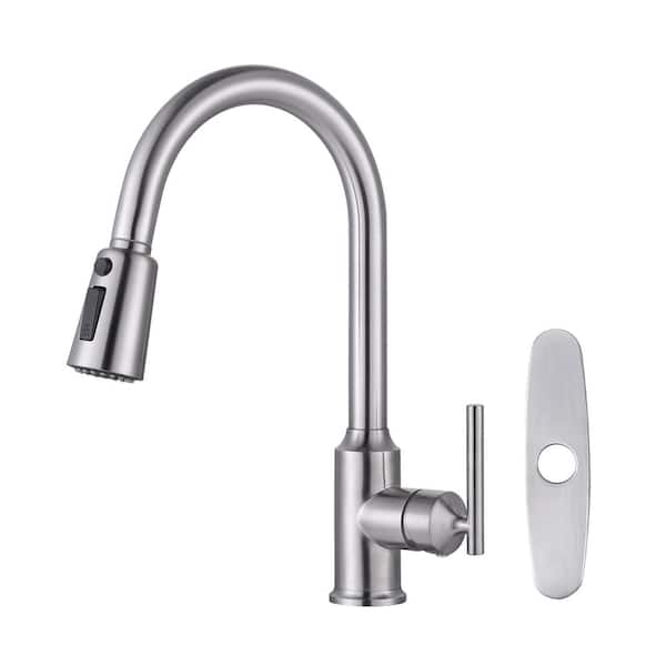 ARCORA Single Handle Pull Down Sprayer Kitchen Faucet with Deckplate in Brushed Nickel