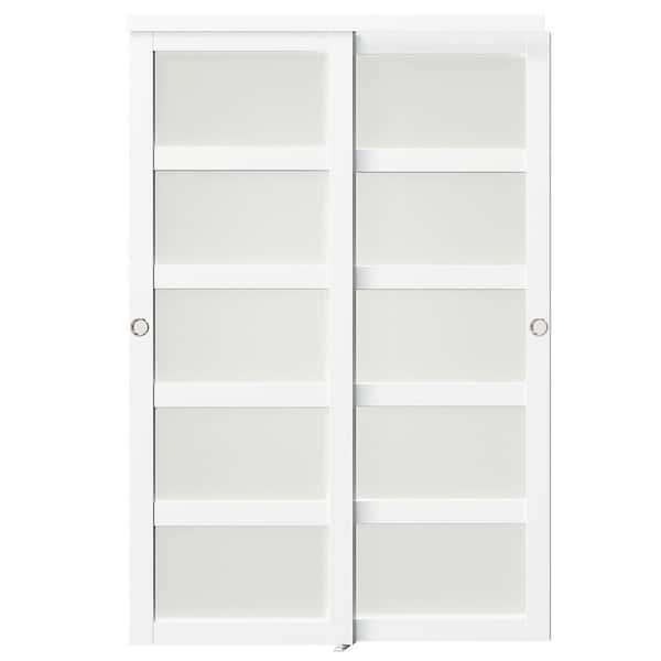 60 in. x 80 in. 5-Lite Tempered Frosted Glass Assembly Required White MDF Closet Sliding Door with Hardware Kit (Handle）